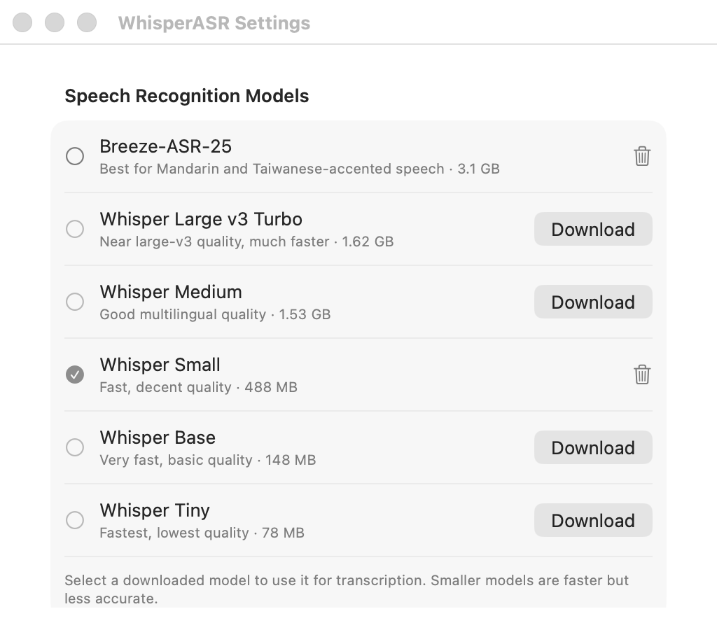 Downloadable speech recognition models in Settings