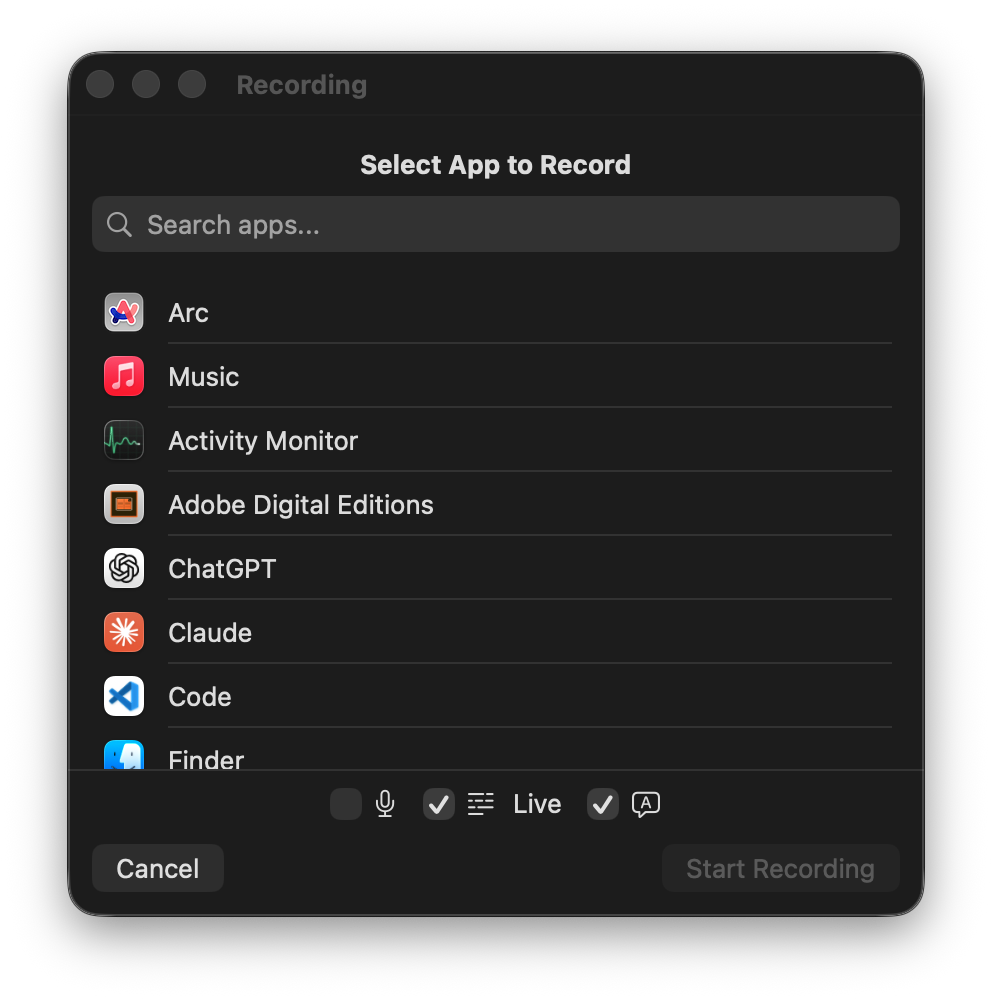 App selection for live recording